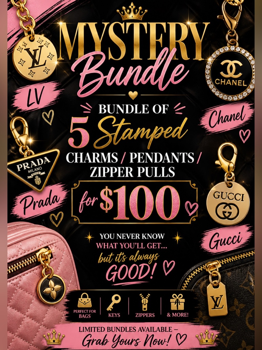 Mystery Box with 5 Stamped Charms/pendants/Zipper pulls. All will be different